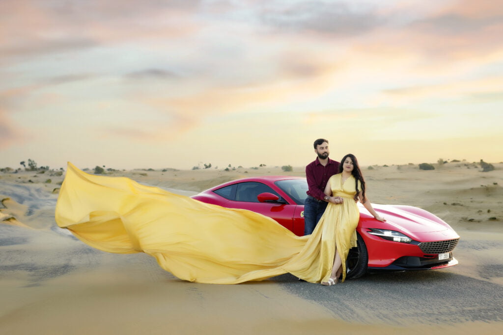 Flying Dress Photoshoot Couple With Re Car In Desert