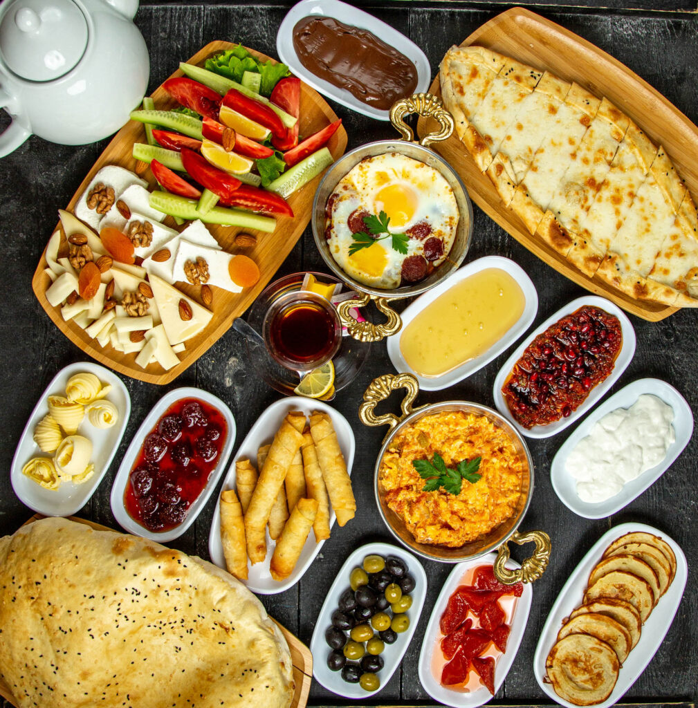 Breakfast Set Tomato With Eggs Pide Cheese Pancakes Top View 1